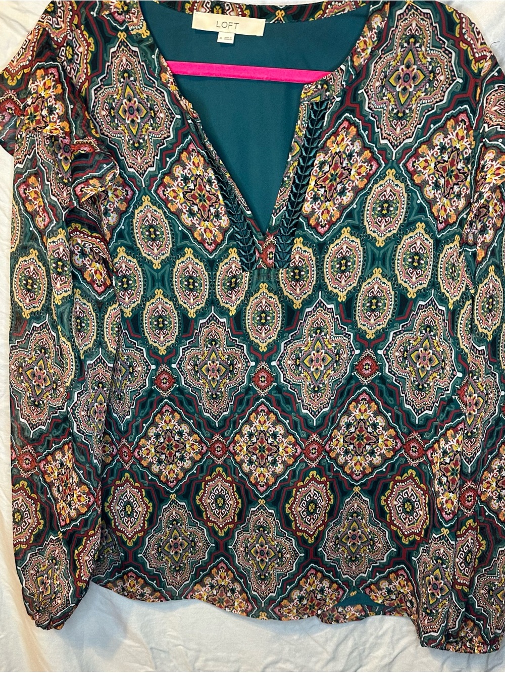 LOFT Teal Medallion Long-Sleeve V-Neck Blouse